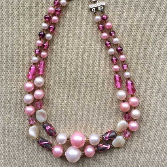 1960’s Pink Beads Necklace Japan 2 Strand - Picture 1 of 4